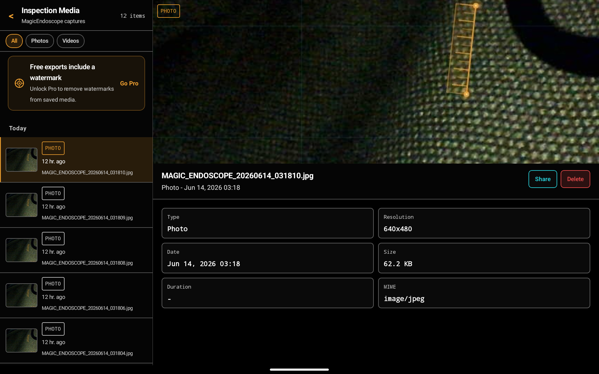 Magic Endoscope gallery with captured inspection imagery and metadata