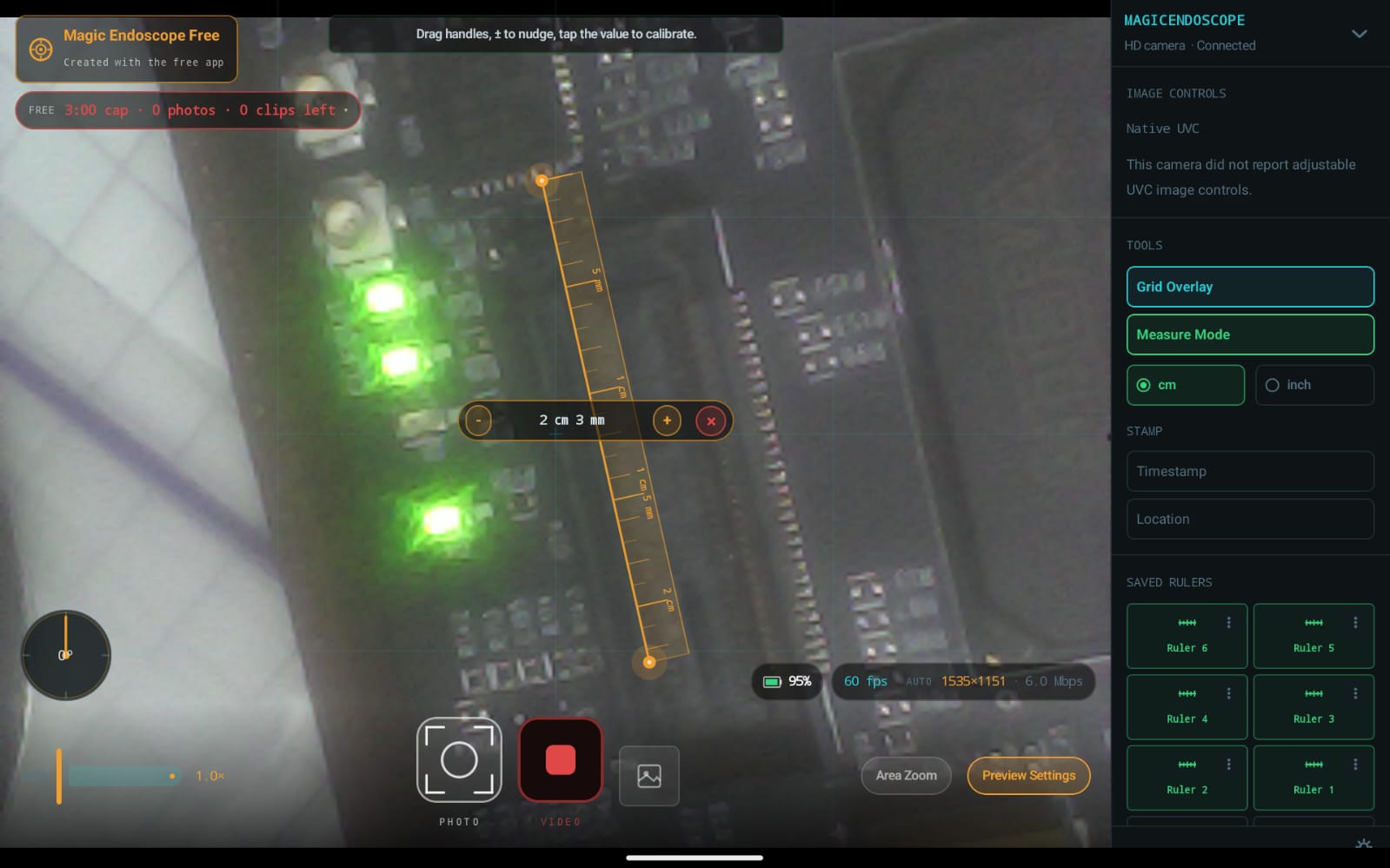 Magic Endoscope live inspection preview with overlay HUD