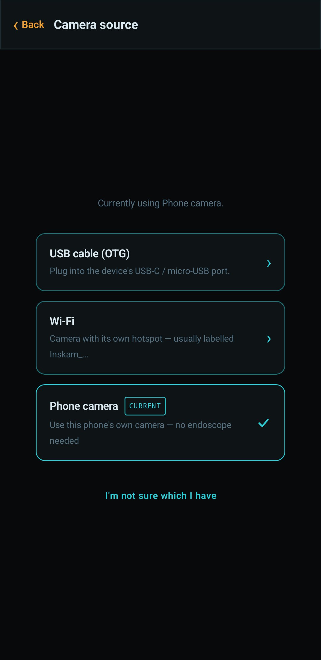 Auswahl „Kameraquelle“ in Magic Endoscope auf einem Telefon: USB-Kabel (OTG), WLAN und Smartphone-Kamera, wobei die Smartphone-Kamera als aktuell markiert ist