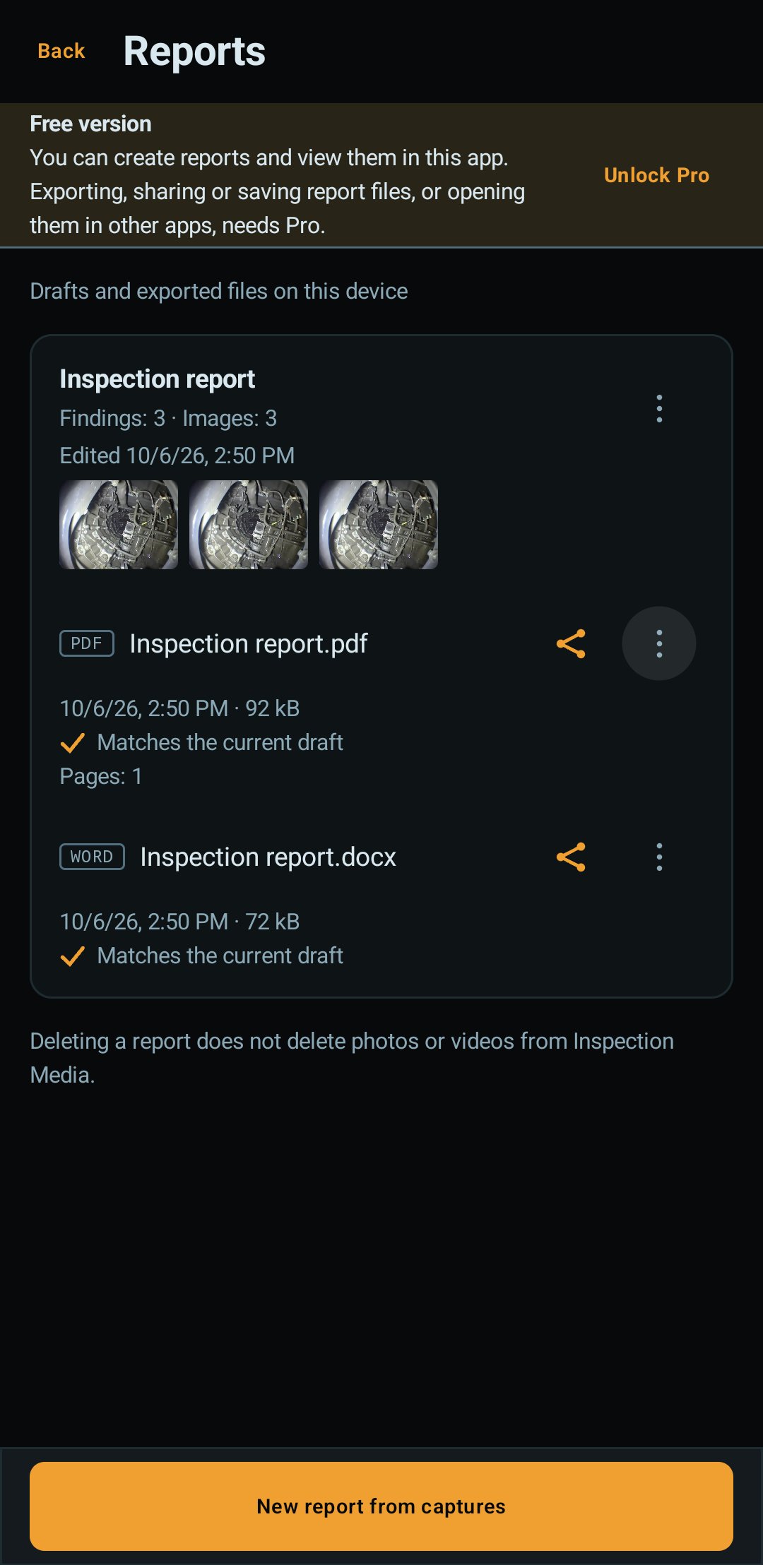 Magic Endoscope Reports screen on a phone, Free version: a banner with an Unlock Pro button says reports can be created and viewed in the app, above one report with PDF and Word files