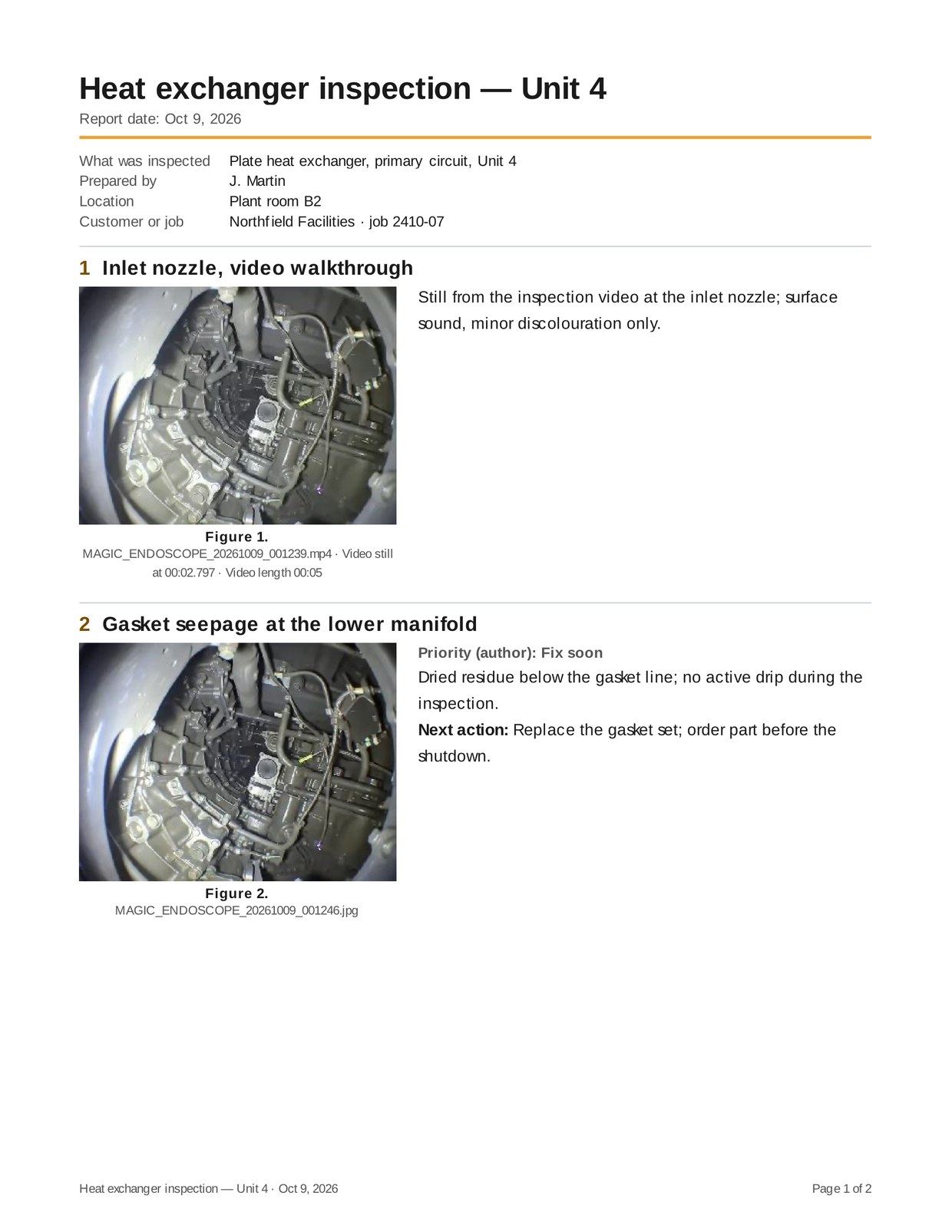 Magic Endoscope sample report, page 1 as exported with Pro: report title, job details and two findings, each with a picture and an observation (demo pictures)