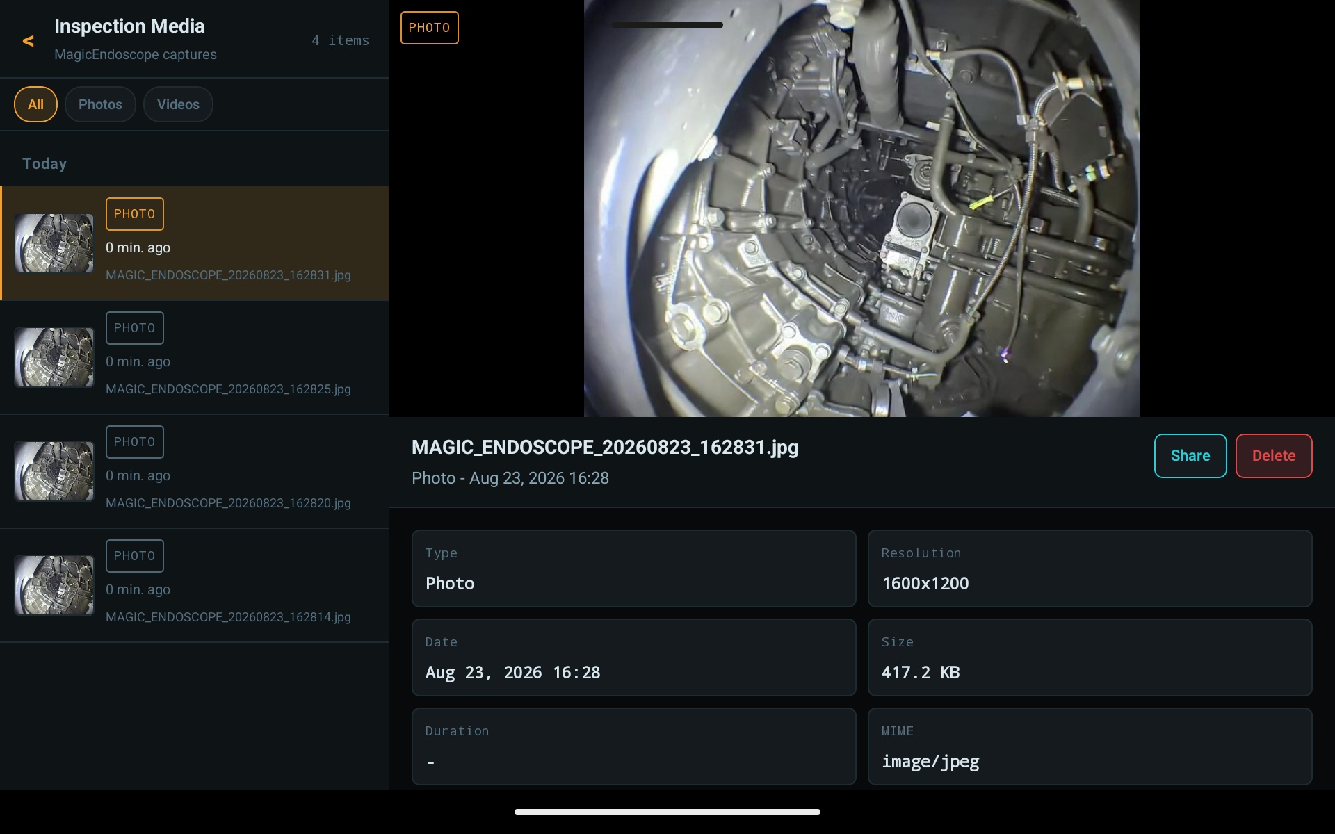 Magic Endoscope gallery with inspection captures and metadata