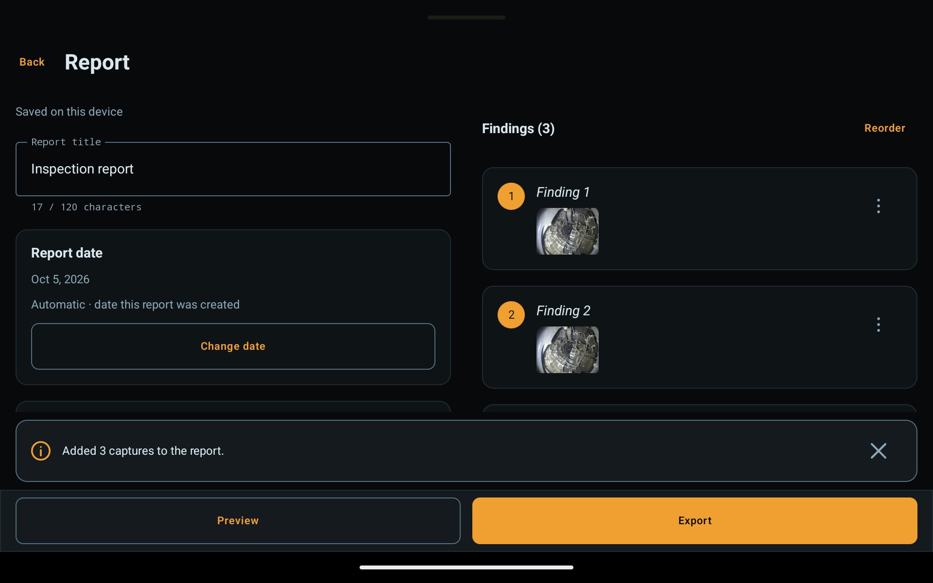 Magic Endoscope report editor on a tablet: report title and date, a list of three findings, and the Preview and Export buttons